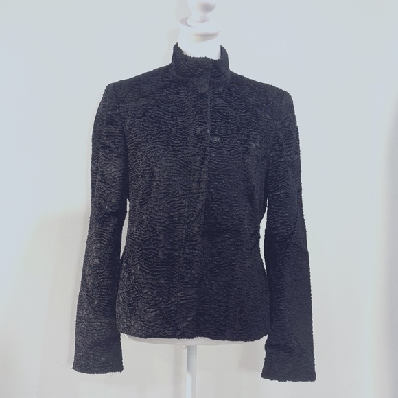 Carlisle Faux Persian Fur Black Textured High Neck Snap Front Jacket Size 4